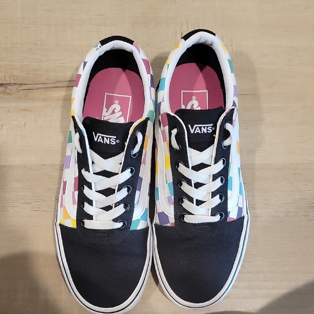 Vans Womens Black and White Sneakers with Colorful Checkered Pattern Size 6.5 - Picture 2 of 6